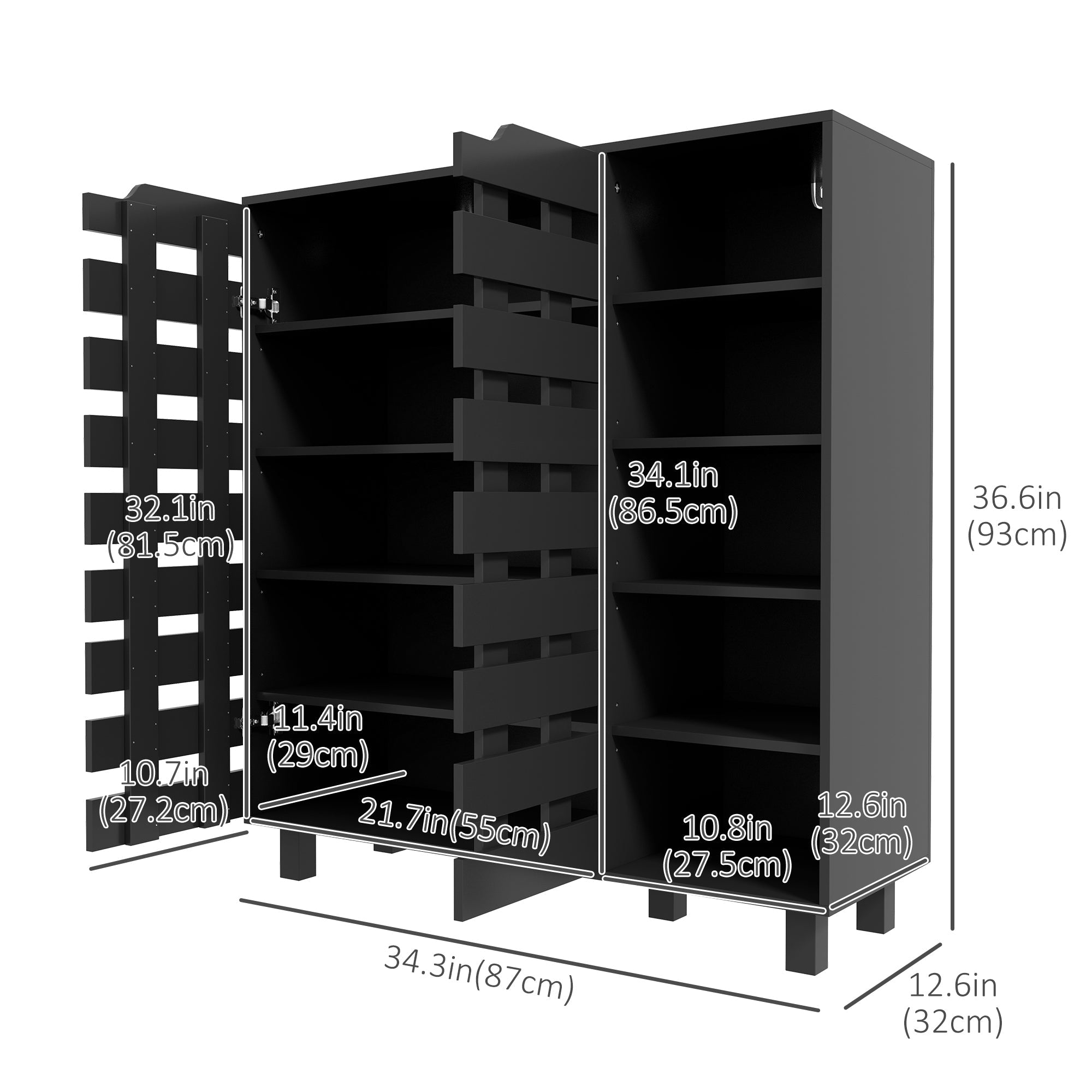 HOMCOM Shoe Storage Cabinet 21 Pair Organizer 5 Tier Double Door Cupboard 5 Tier Open Shelves 