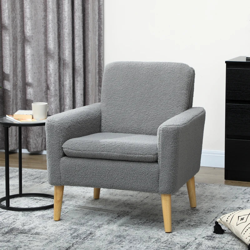 Fabric Accent Chair, Modern Upholstered Armchair with Wood Legs and Wide Padded Seat, Grey