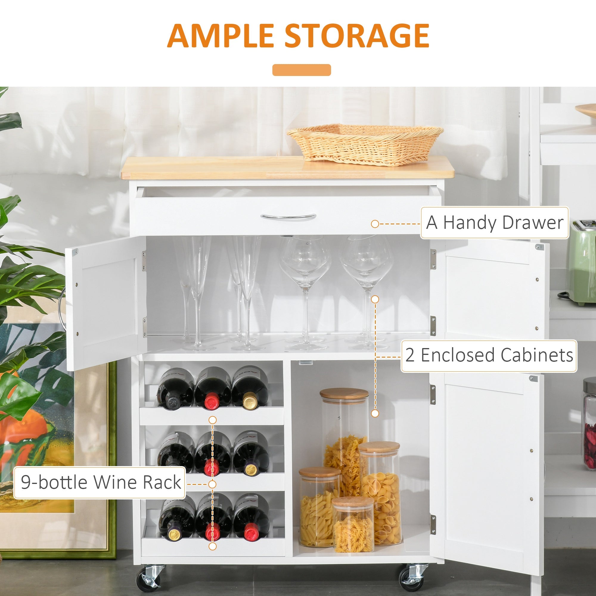HOMCOM Kitchen Island on Wheels with Storage Drawer 9-bottle Wine Rack Cabinet Wooden Countertop White Rolling Cart 