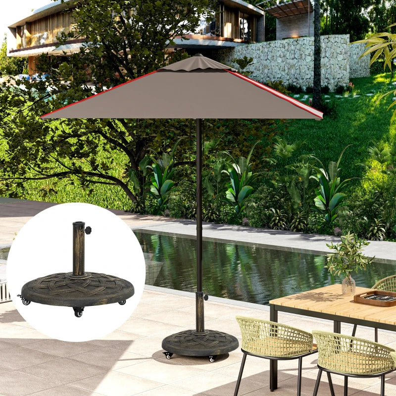 Round Patio Umbrella Base with Wheels, 44 lbs Resin Umbrella Stand Base, 1.3"/1.5"/1.9" Umbrella Poles Bronze