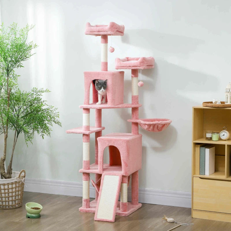 Cat Tree, 70" Multi-Level Cat Tower with 2 Condos, 2 Perches, Hammock, Toy Balls, Scratching Posts and Board, Pink