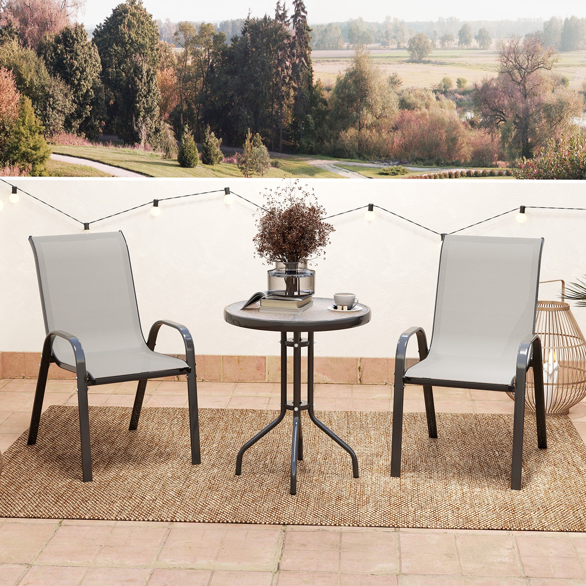 Outsunny 3 Pieces Bistro Set, Small Patio Furniture Set with Stackable Mesh Chairs, Glass Table for Garden, Balcony, Light Grey 