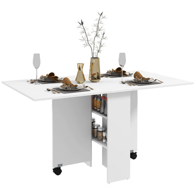 HOMCOM Foldable Drop Leaf Side Table Console Writing Desk with Storage Shelves 2 Wheels for Kitchen White Finish 