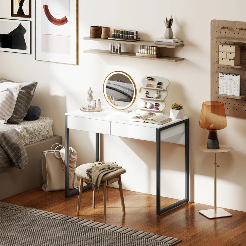 High Gloss Home Office Desk, 39" x 20" Computer Desk with 2 Drawers for Small Spaces, White and Grey