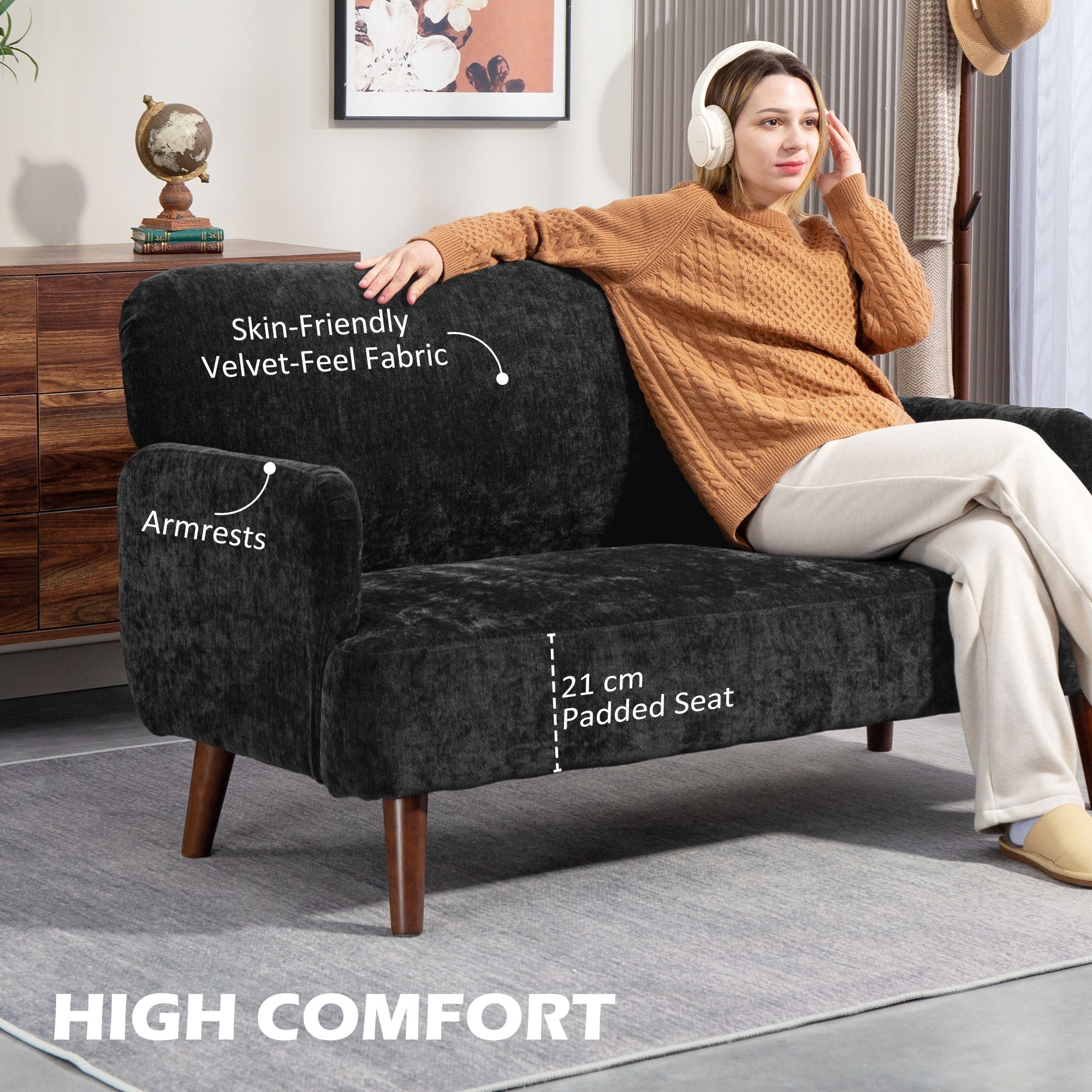 HOMCOM Velvet Feel Fabric 2 Seater Sofa, Small Sofa Loveseat with 8.3" Thick Padding and Wood Legs, Black 