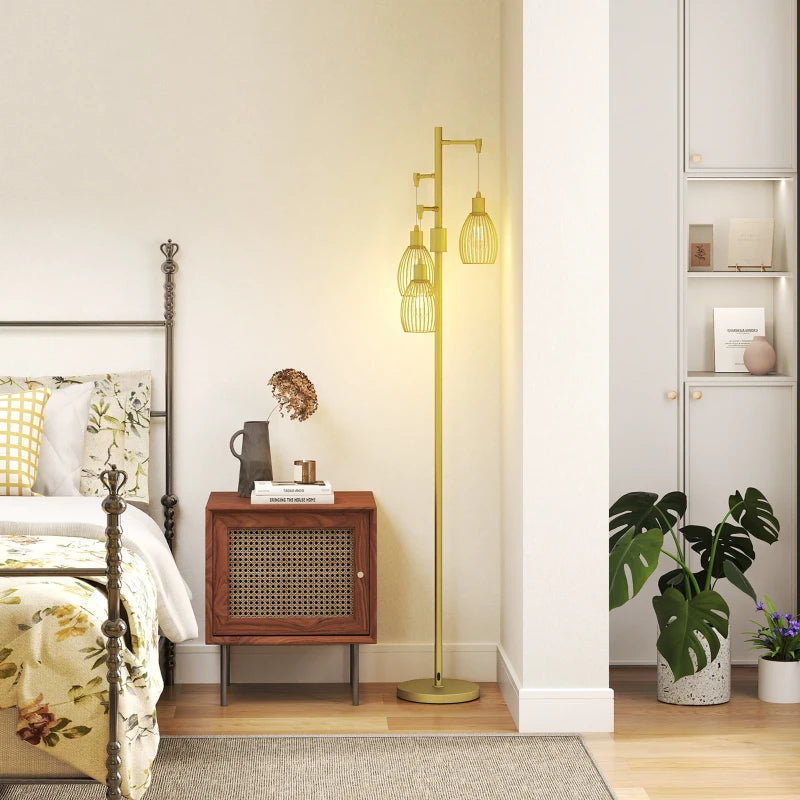 Industrial Floor Lamp with 3 Hanging Wire Lampshades, Dimmable Standing Lamp for Living Room, Gold