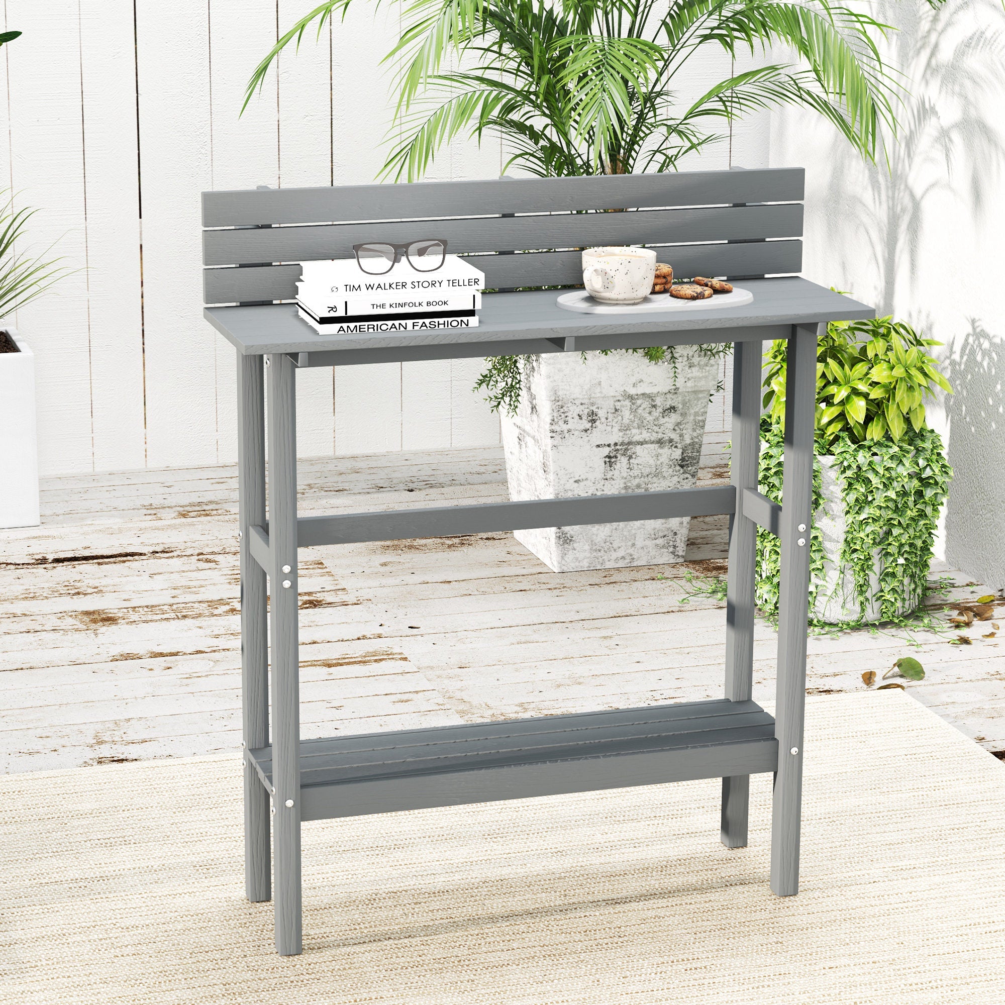 Outsunny 110cm Rectangle Outdoor Bar Table with Built-in Footrest, Slatted Top, Grey 