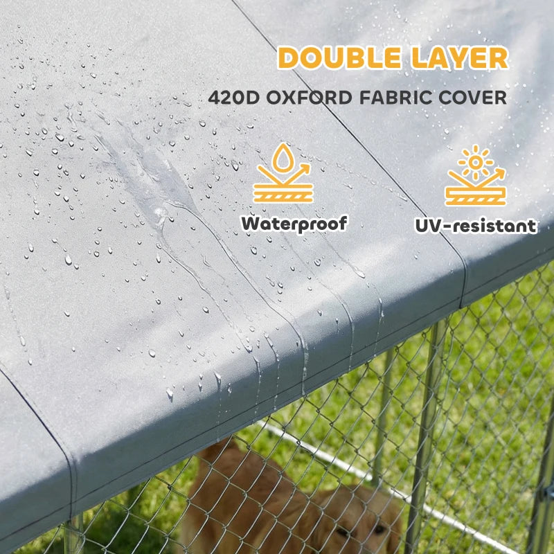 Galvanized Steel Outdoor Dog Kennel with Roof, Safety Locks, for Backyard, 19.7' x 14.8' x 7.9'
