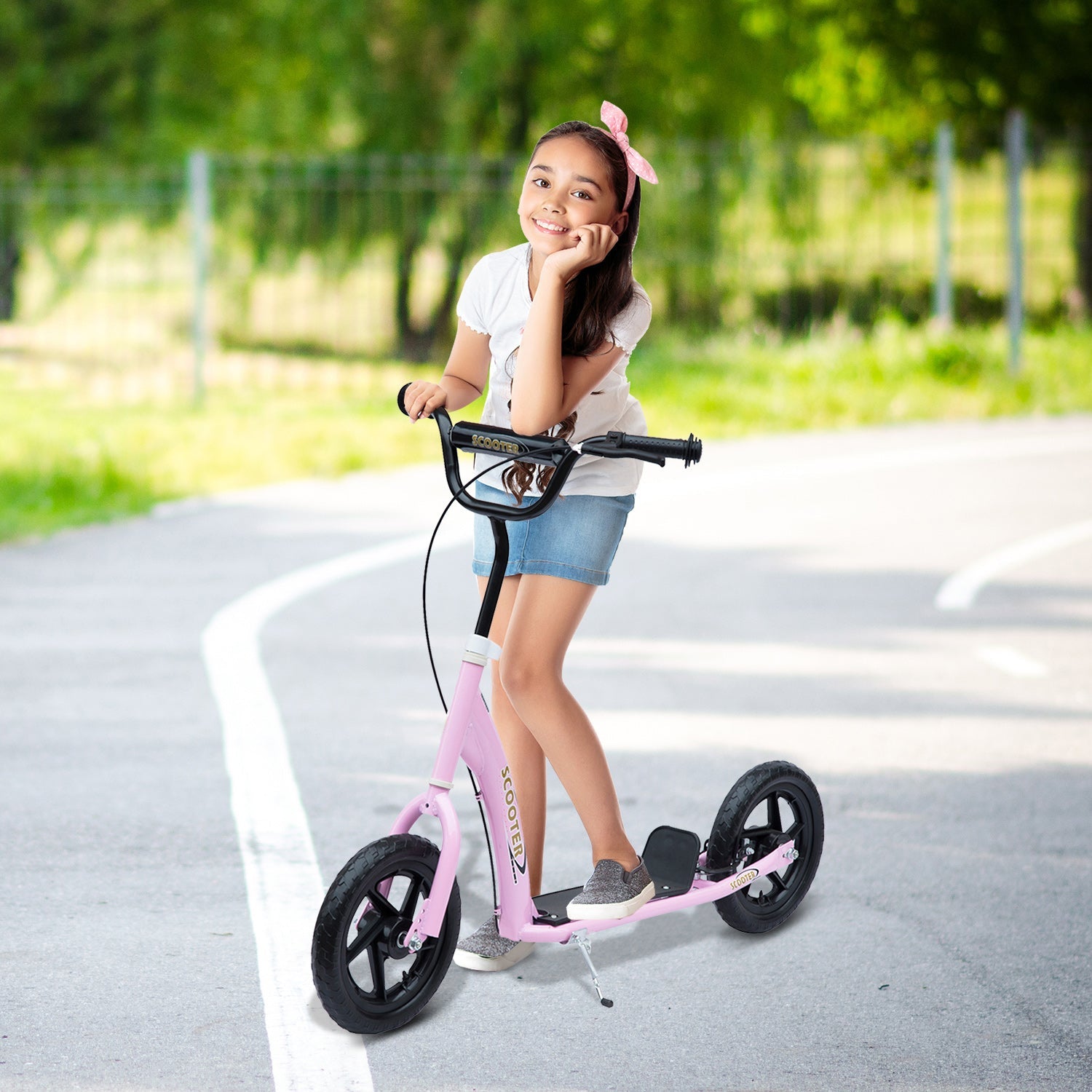 HOMCOM Kids Pro Stunt Scooter: Adjustable, 12" Tire, Street Design, Pink 