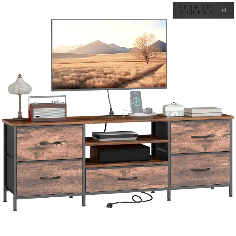 TV Stand for TVs up to 65 Inch, Industrial TV Console with Charging Station, 5 Drawers and Open Shelves, Rustic Brown