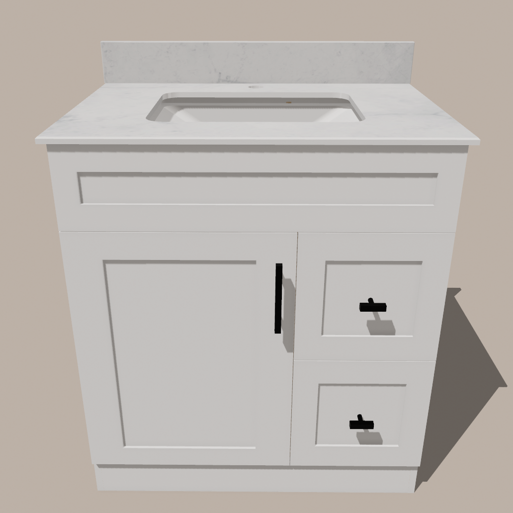 30-Inch Shaker Bathroom Vanity with Drawers — Left or Right | White or Gray | Plywood Cabinet, Solid-Wood Door, Soft-Close 3-Way Clip-On Hinges 