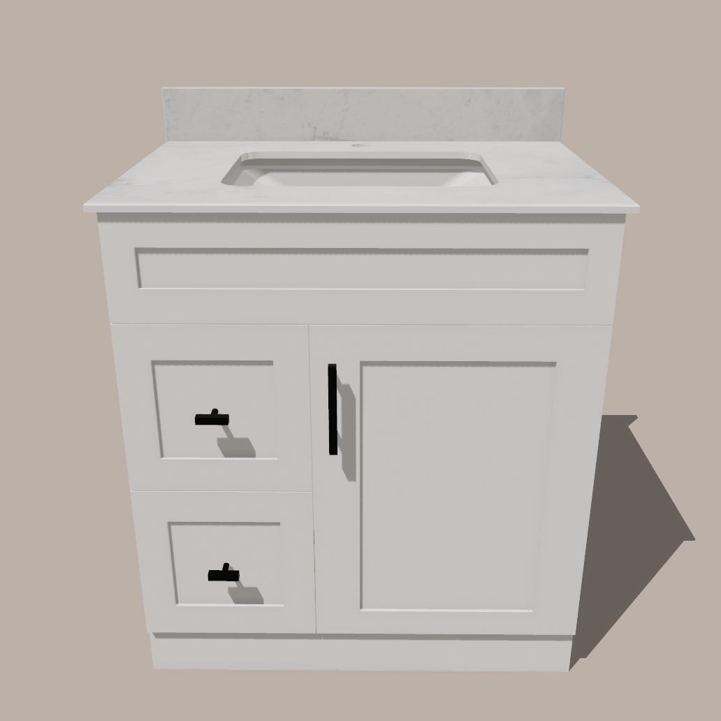 30-Inch Shaker Bathroom Vanity with Drawers — Left or Right | White or Gray | Plywood Cabinet, Solid-Wood Door, Soft-Close 3-Way Clip-On Hinges 