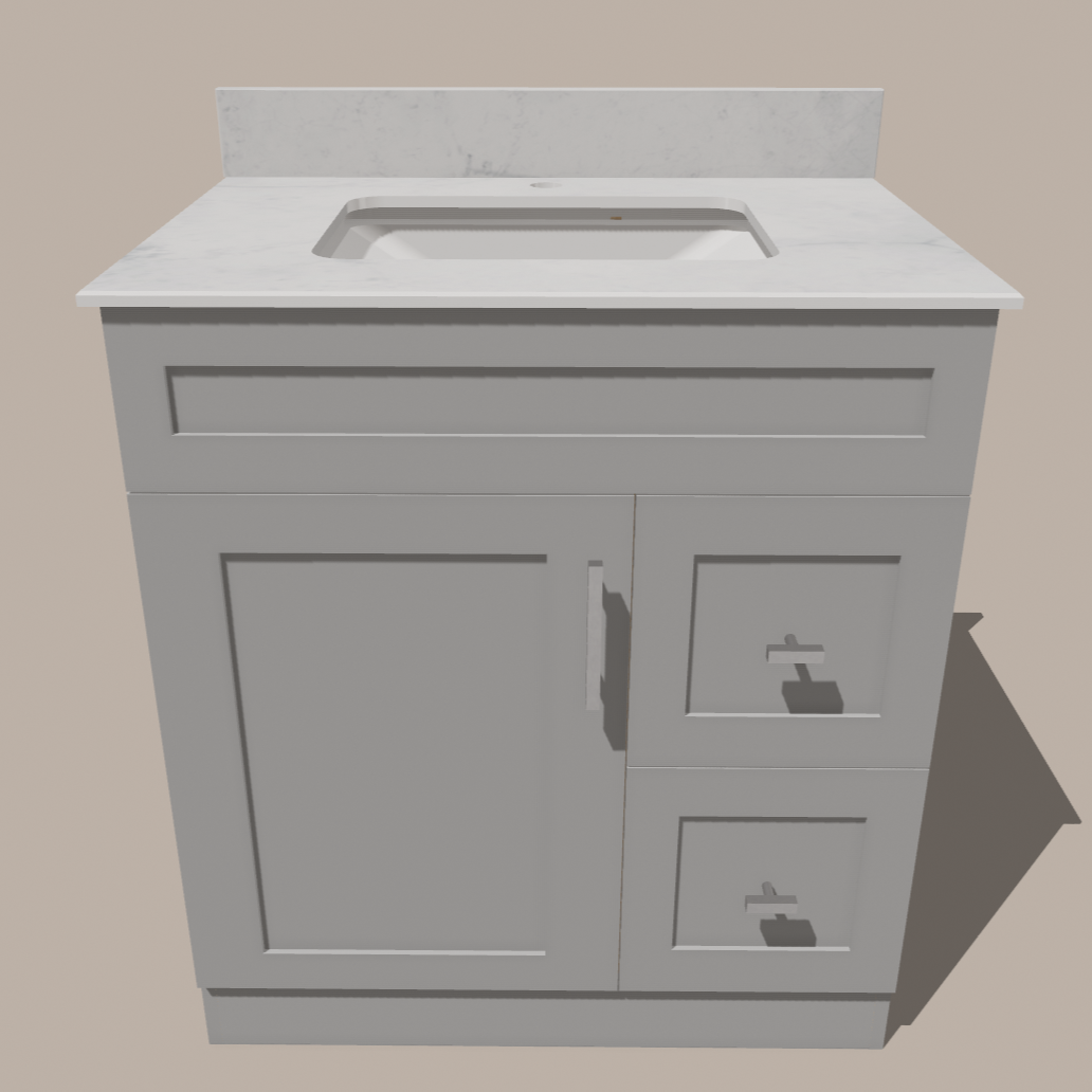 30-Inch Shaker Bathroom Vanity with Drawers — Left or Right | White or Gray | Plywood Cabinet, Solid-Wood Door, Soft-Close 3-Way Clip-On Hinges 
