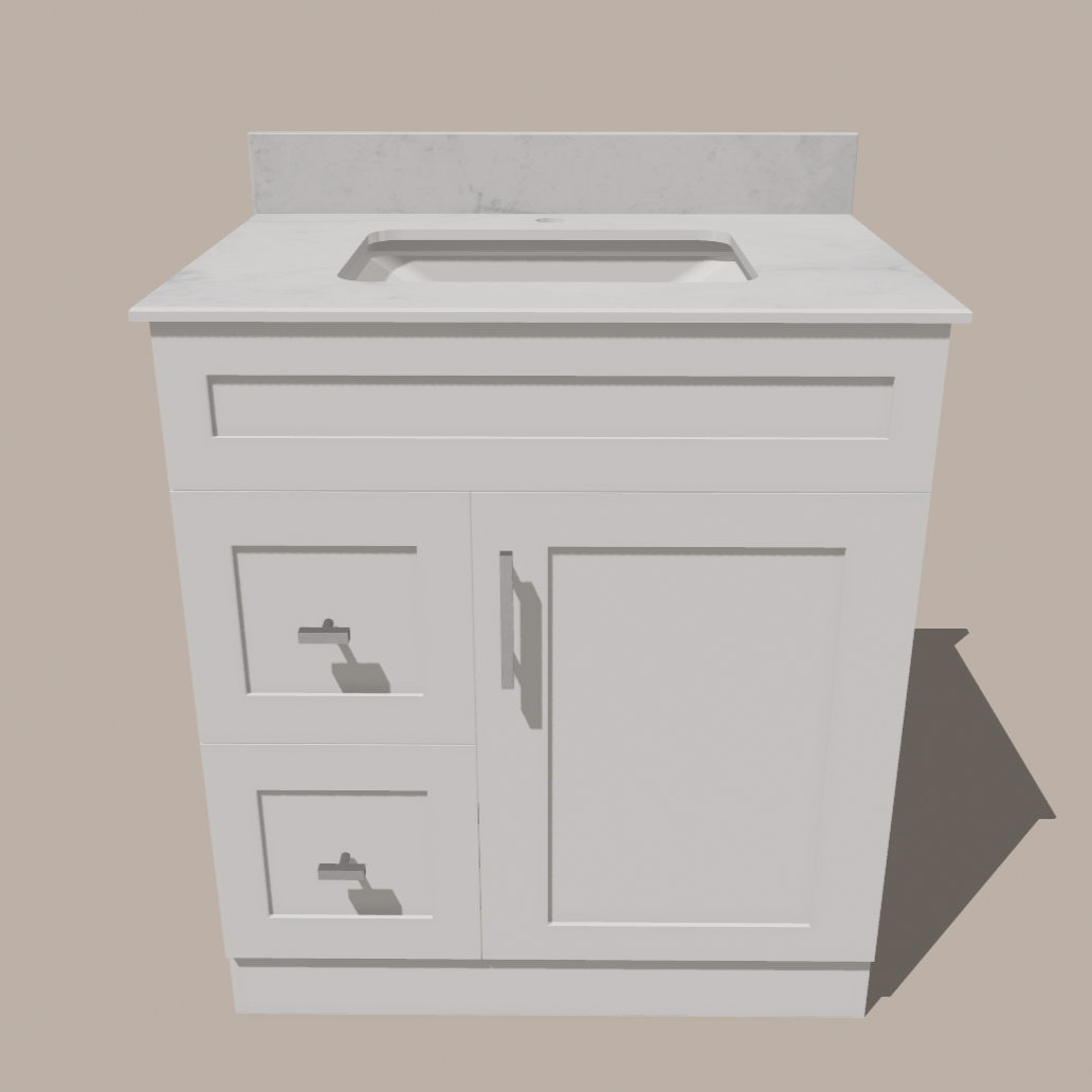 30-Inch Shaker Bathroom Vanity with Drawers — Left or Right | White or Gray | Plywood Cabinet, Solid-Wood Door, Soft-Close 3-Way Clip-On Hinges 
