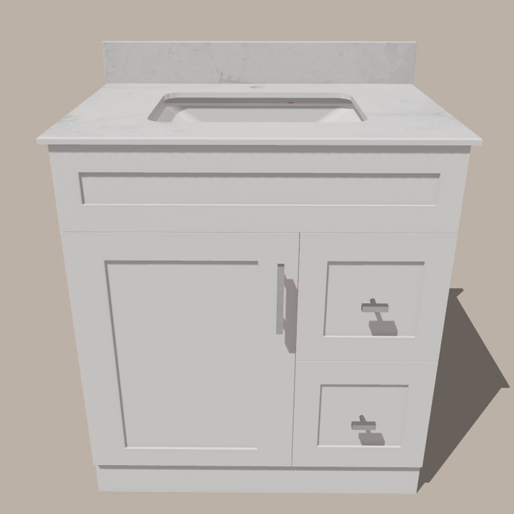 30-Inch Shaker Bathroom Vanity with Drawers — Left or Right | White or Gray | Plywood Cabinet, Solid-Wood Door, Soft-Close 3-Way Clip-On Hinges 