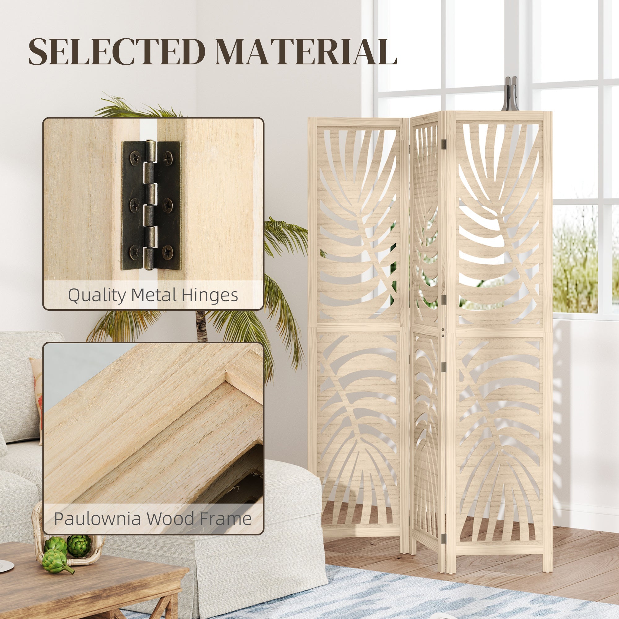 HOMCOM 3 Panel Room Divider, Detachable Folding Privacy Screens with Palm Leaf Design for Home Office, Natural Wood Finish 