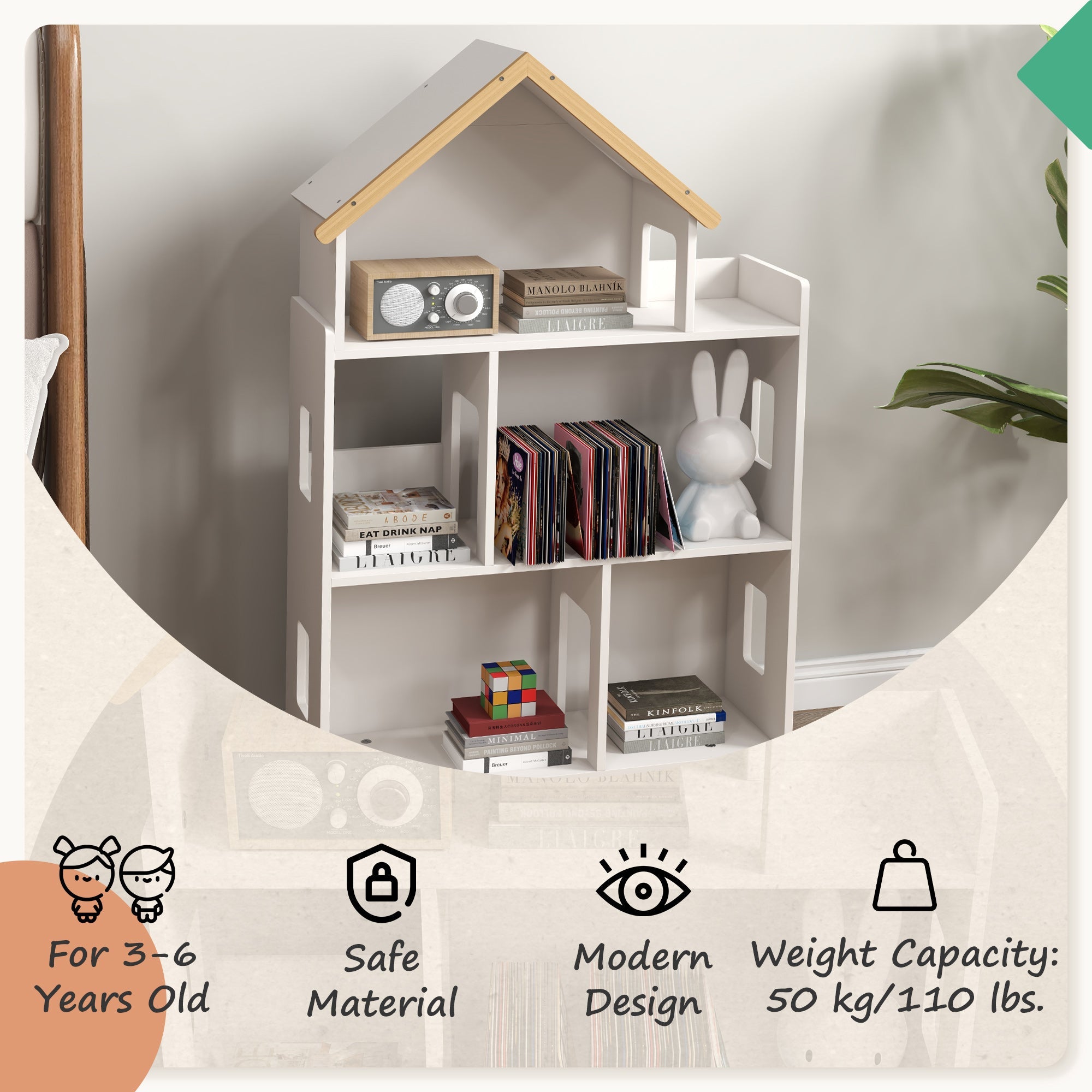 Qaba Toy Storage Organizer Cabinet 3 Tier Kids Bookshelf Playroom Room Nursery Kindergarten White 