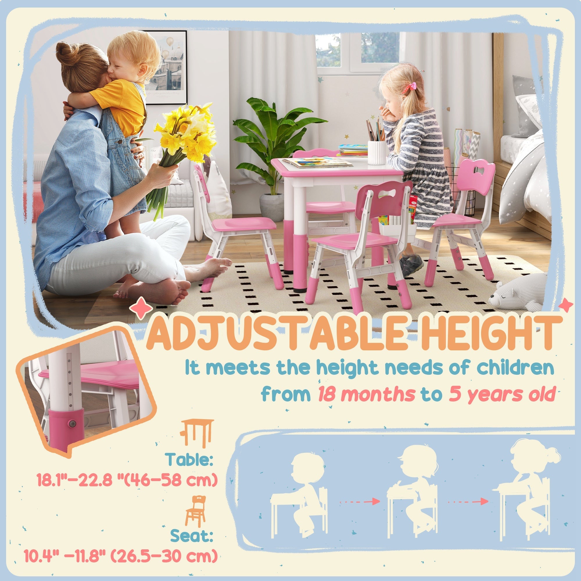 Qaba 5 Piece Toddler Table Chair Set Height Adjustable Activity Set Nursery Classroom Playroom Furniture Pink 