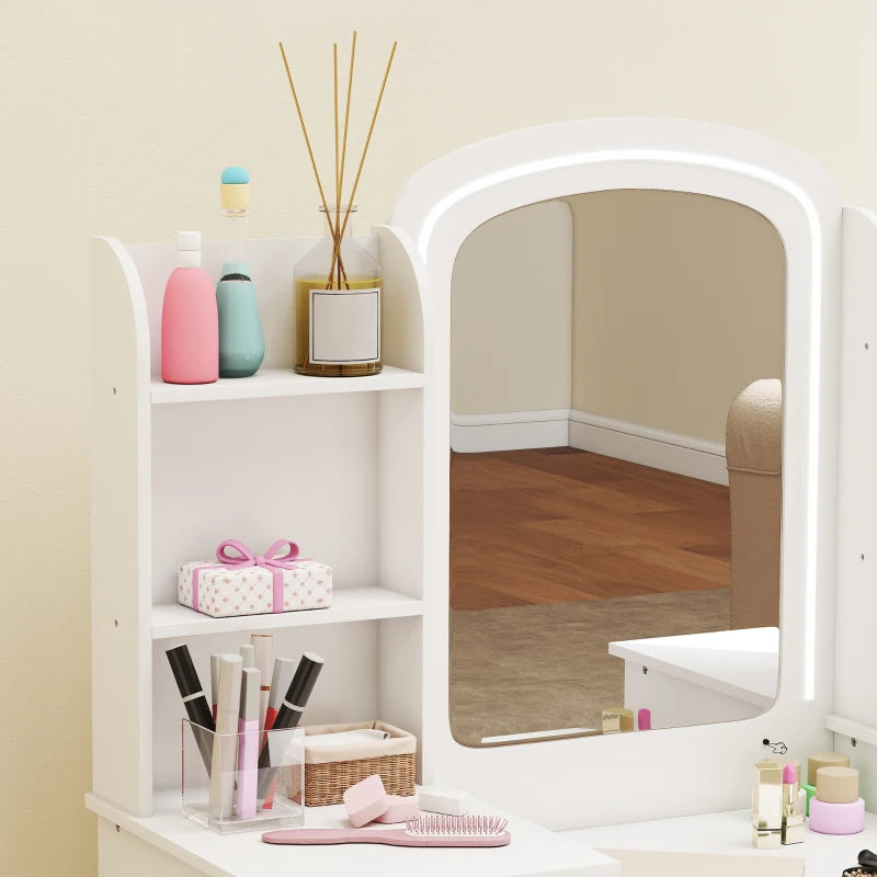Qaba Kids Vanity Table and Chair Set, Toddler Dressing Table and Chair Set with Lighted Mirror and Storage Space for Little Girls, White
