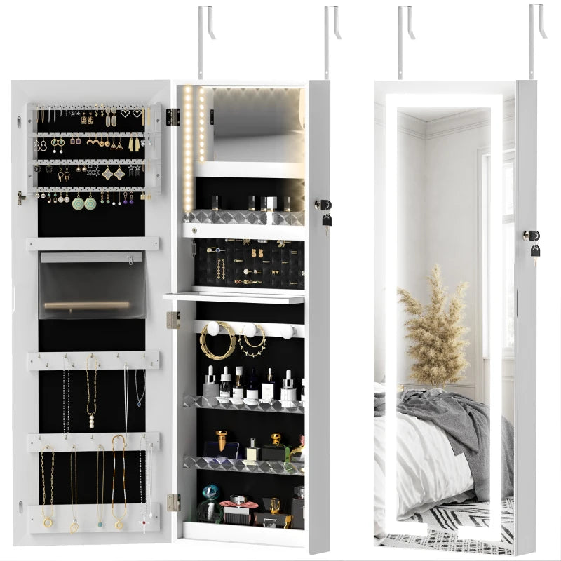 LED Lighted Jewelry Armoire with Mirror Jewelry Cabinet with Storage Lockable Door/Wall Mounted Jewelry Organizer, White