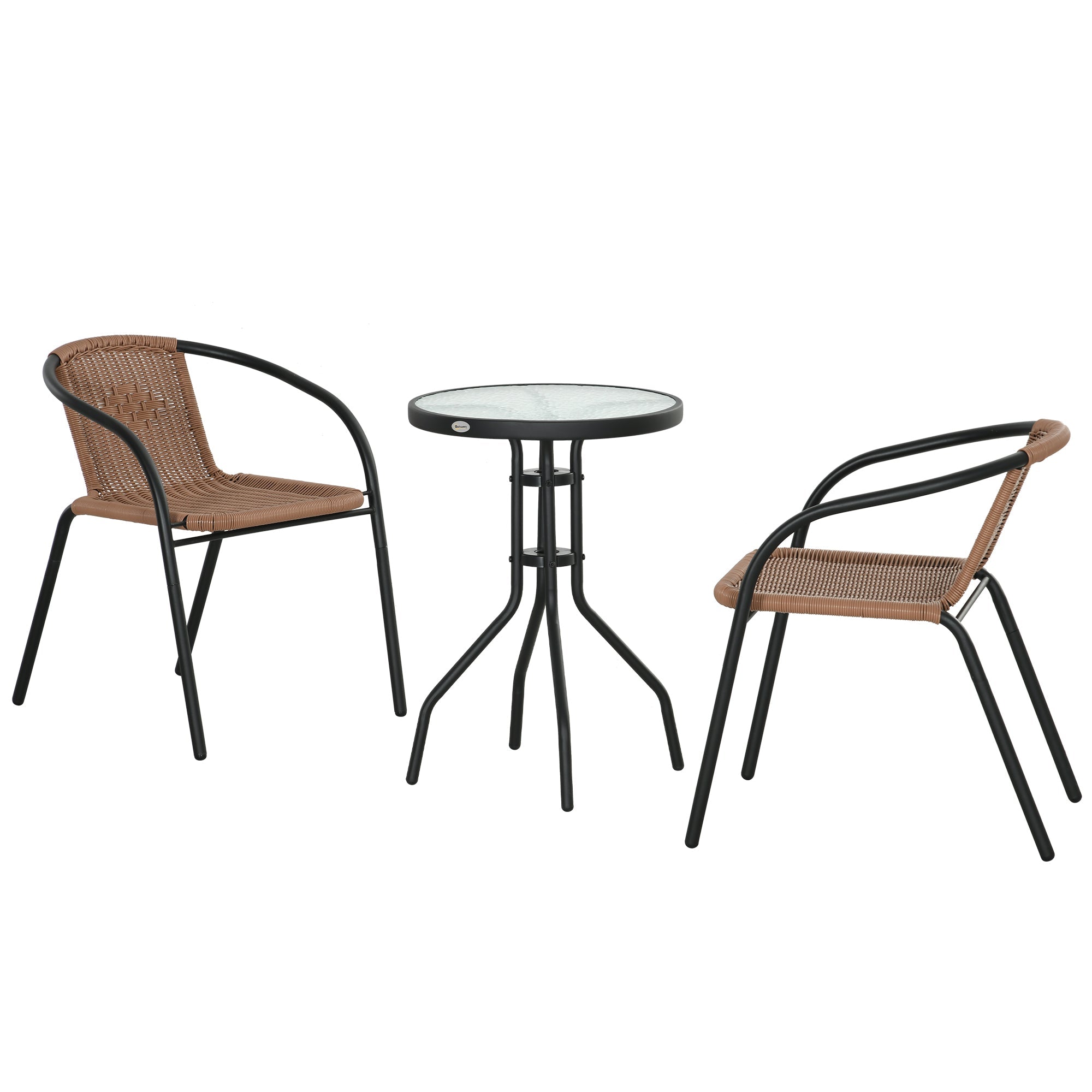Outsunny 3 Pieces Outdoor Wicker Furniture Set with 2 Stackable Chairs, Tempered Glass Coffee Table for Garden, Backyard, Brown 