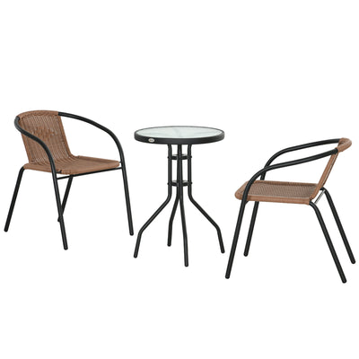 Outsunny 3 Pieces Outdoor Wicker Furniture Set with 2 Stackable Chairs, Tempered Glass Coffee Table for Garden, Backyard, Brown 