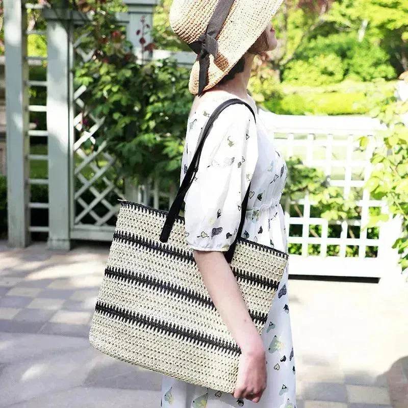Striped Large Capacity Casual Summer Woven Straw Beach Tote Bag 