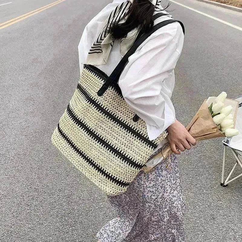 Striped Large Capacity Casual Summer Woven Straw Beach Tote Bag 