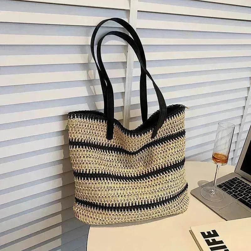 Striped Large Capacity Casual Summer Woven Straw Beach Tote Bag 