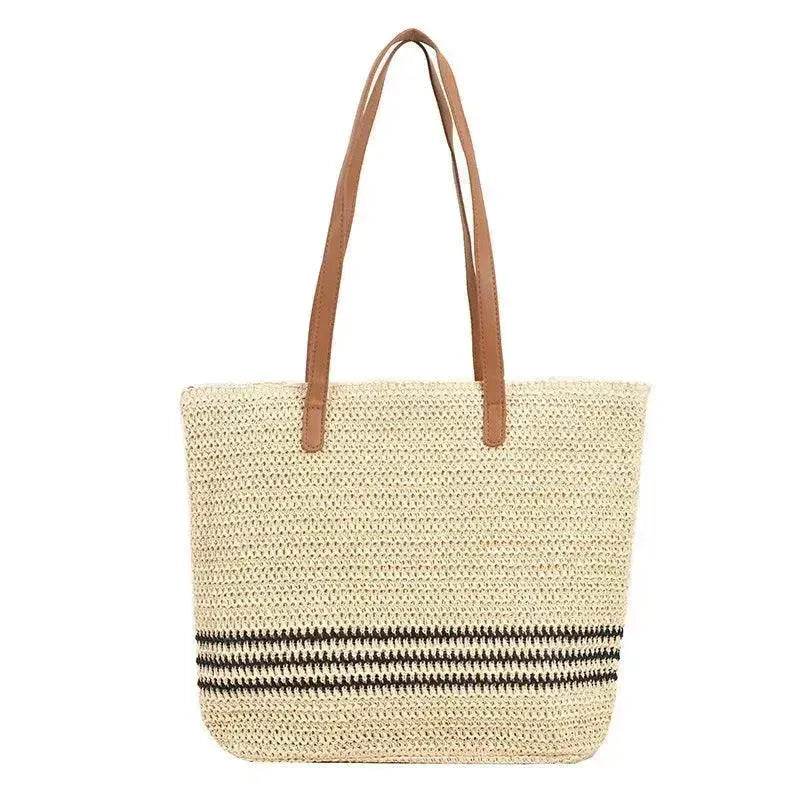 Striped Large Capacity Casual Summer Woven Straw Beach Tote Bag 