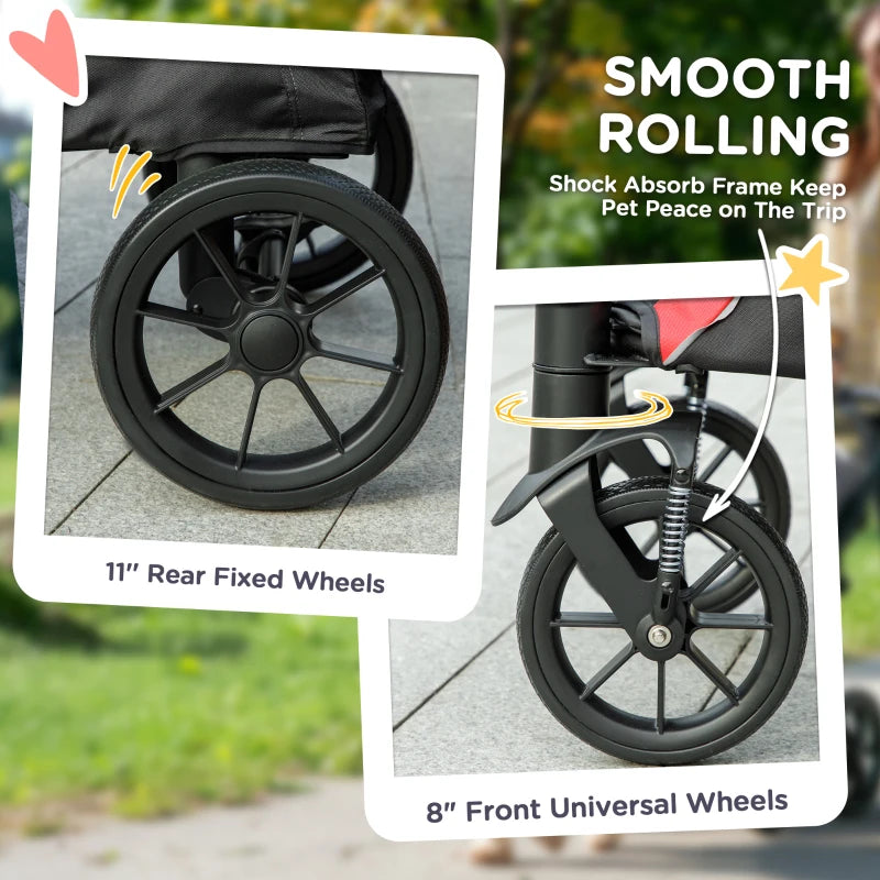 Foldable Pet Stroller for Large Dogs with Four Big Wheels, Shock-Absorbing Frame, Safety Leashes, Brakes, Black