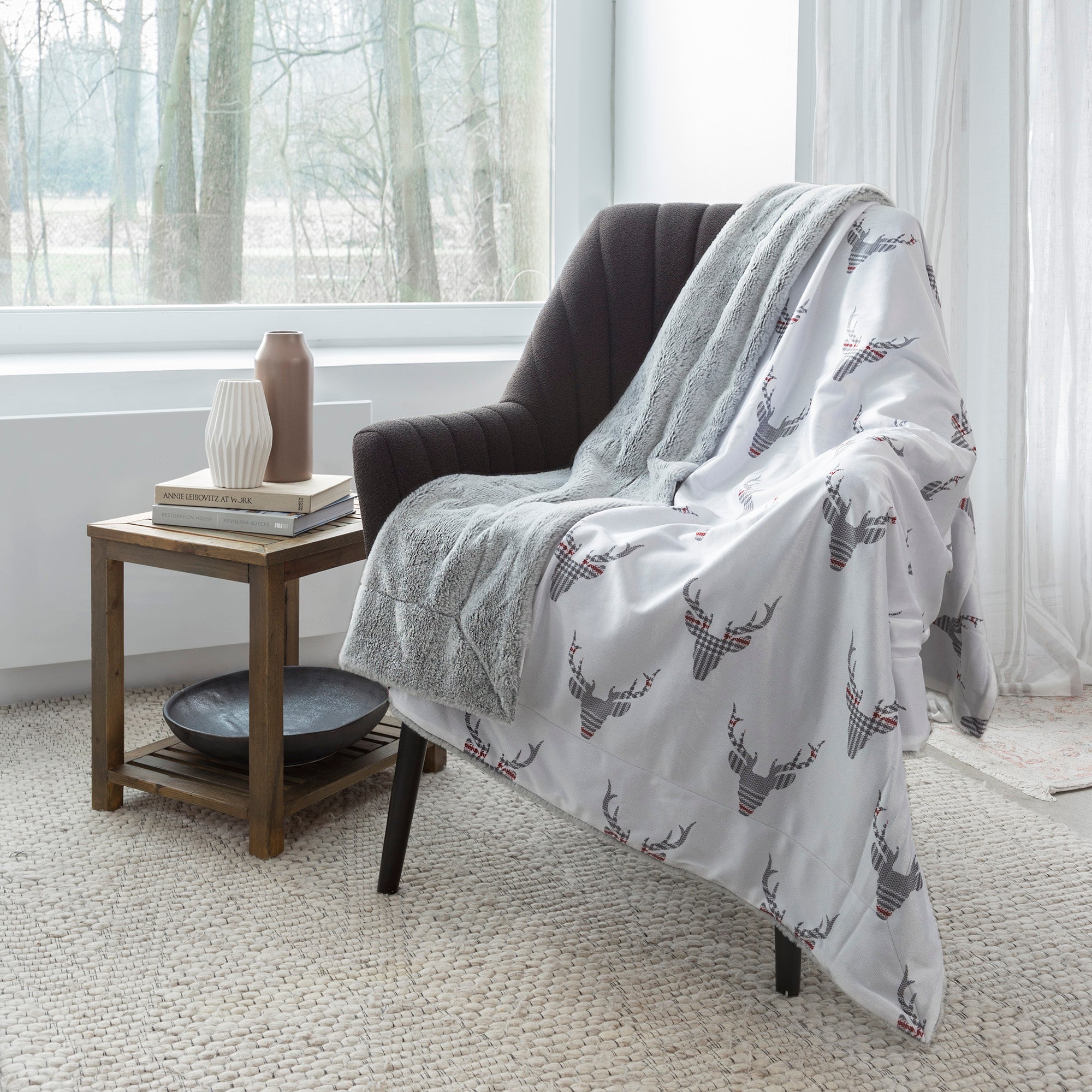 Super Soft Faux Fur Reversible Blanket Throw Sherpa Home Decor Bedding 48X60 Plaid Deer Shield 