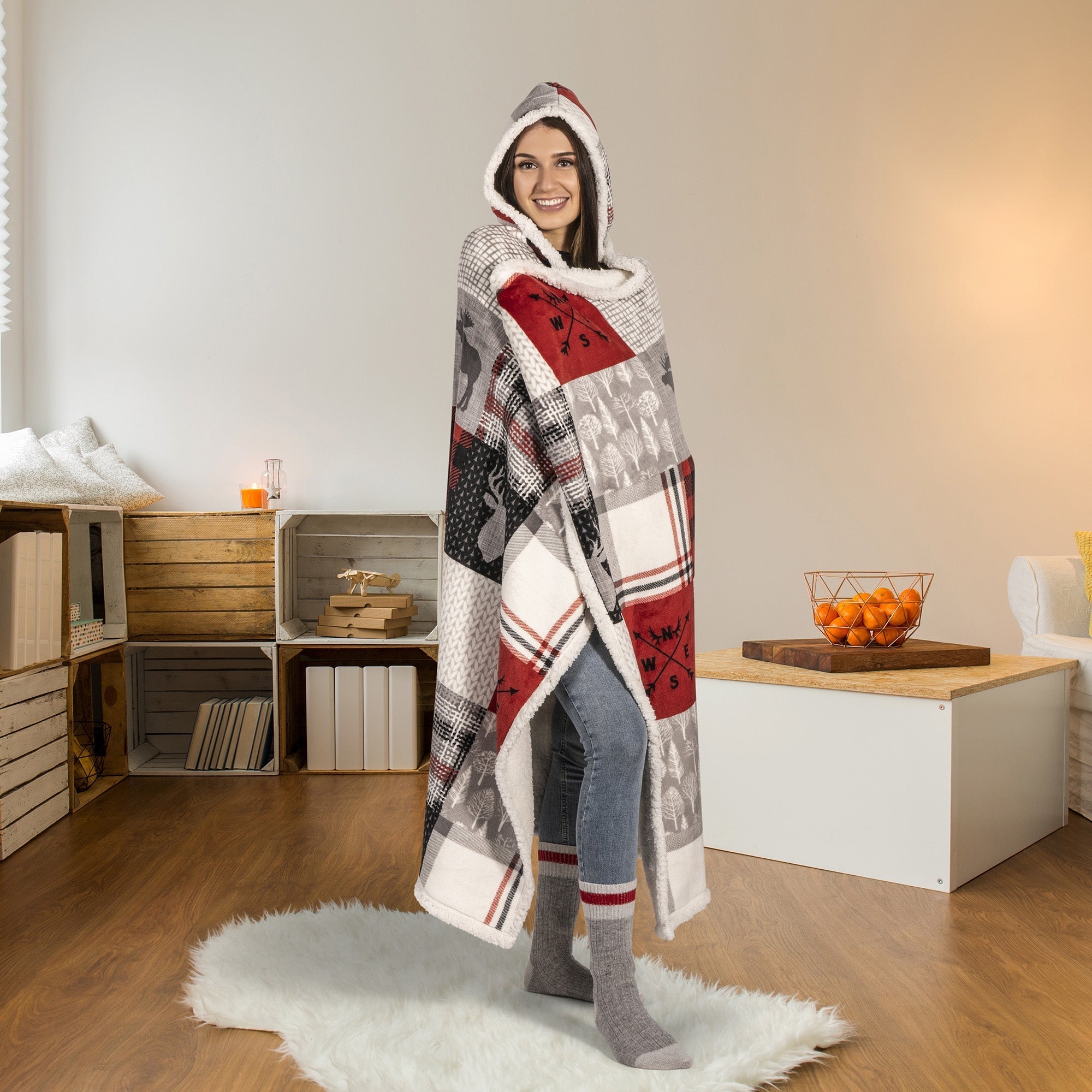Super Soft Hooded Sherpa Blanket Throw Home Decor Bedding 48X65 Forest Patchwork 