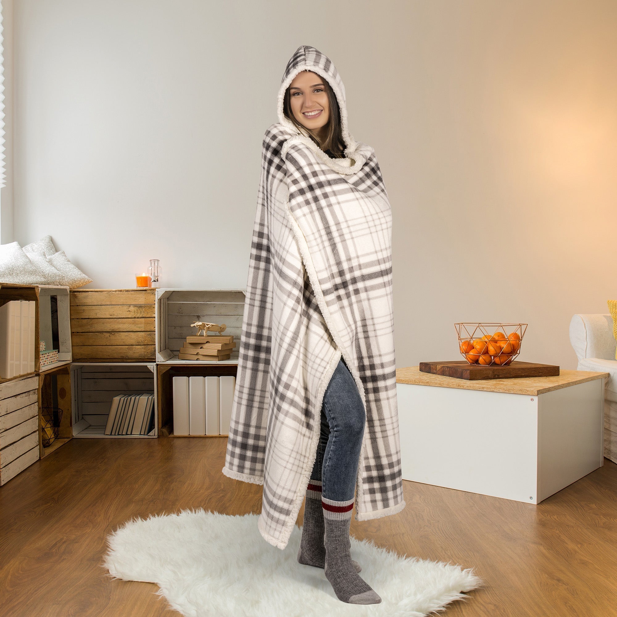 Super Soft Hooded Sherpa Blanket Throw Home Decor Bedding 48X65 Grey Plaid 
