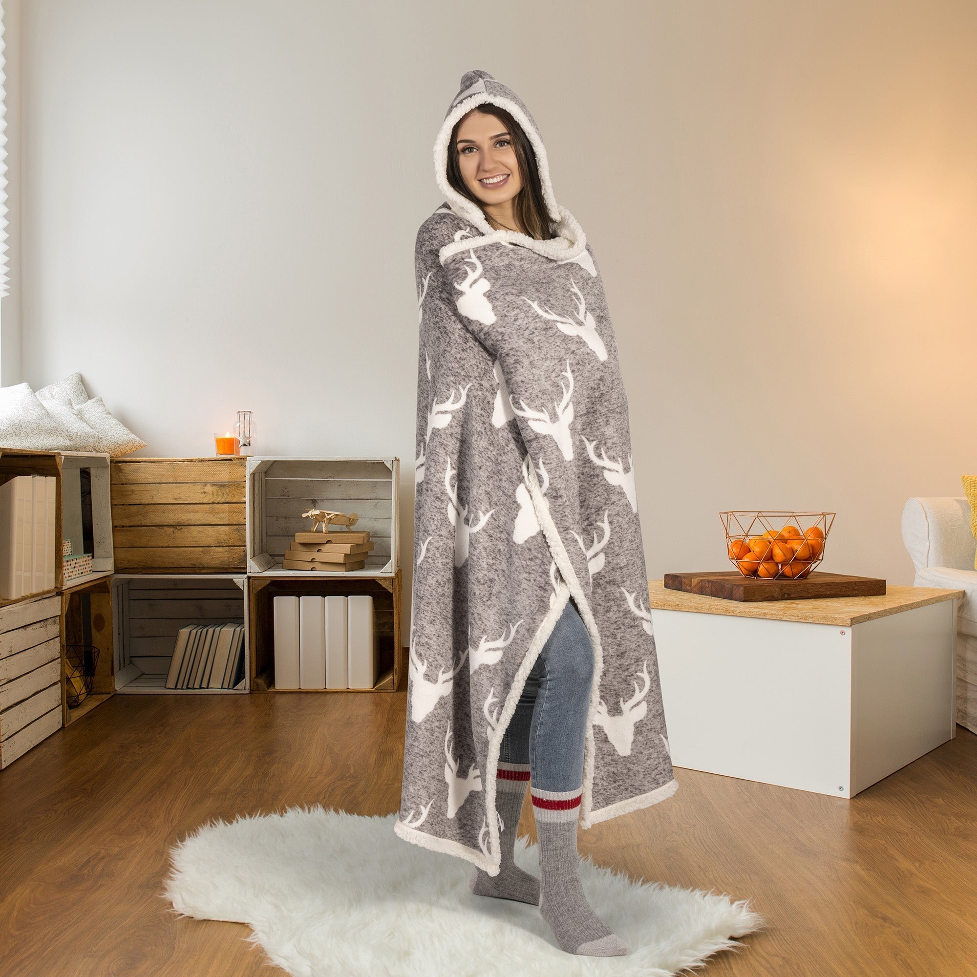 Super Soft Hooded Sherpa Blanket Throw Home Decor Bedding 48X65 Heathered Deer Shield 