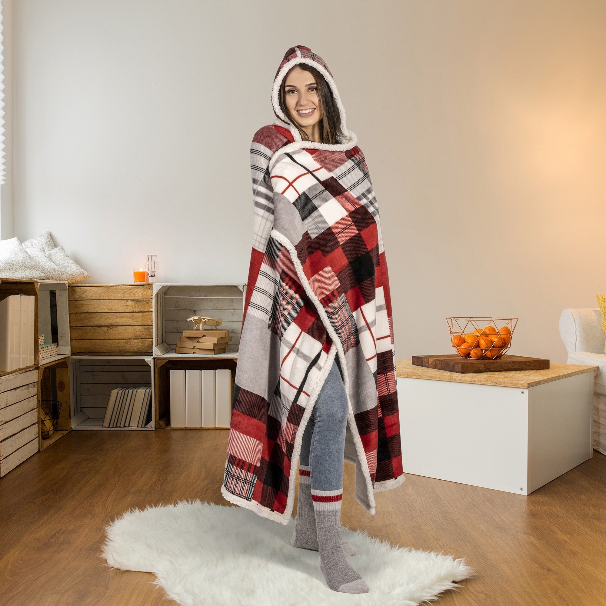 Super Soft Hooded Sherpa Blanket Throw Home Decor Bedding 48X65 Plaid Patchwork 
