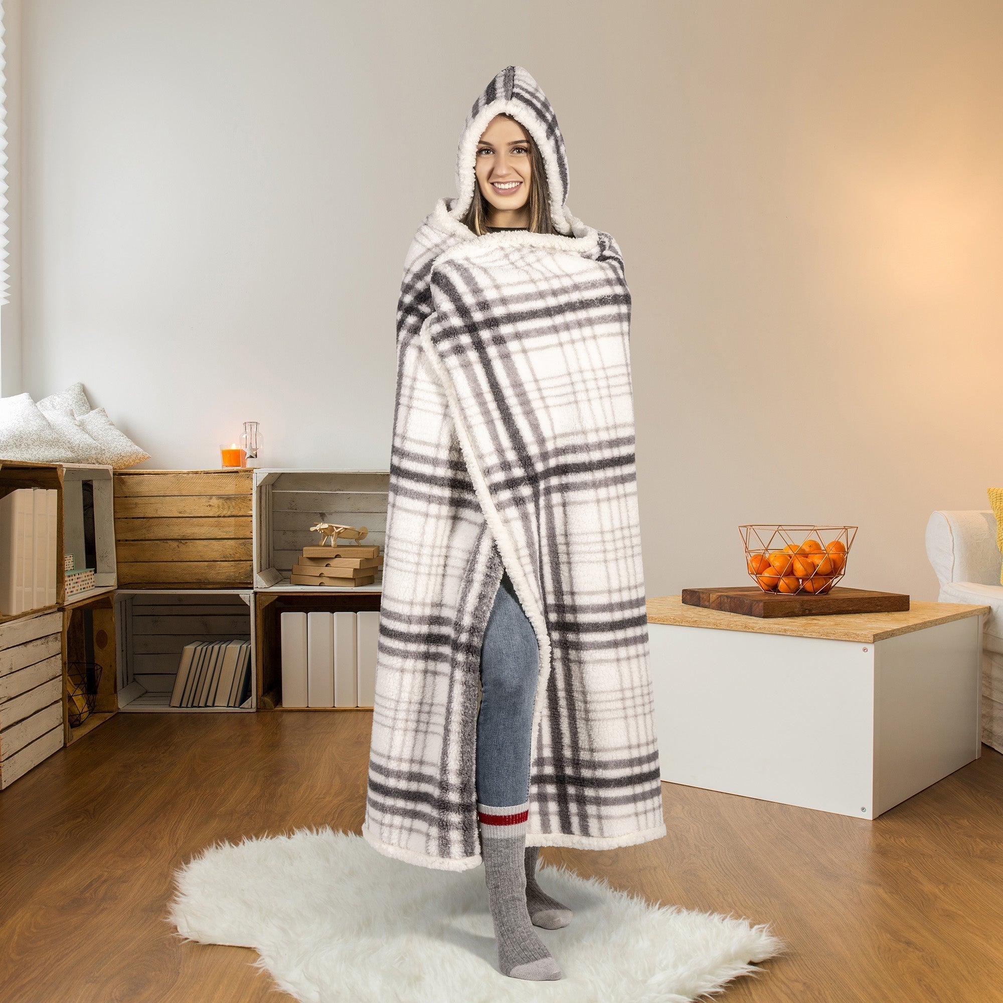 Super Soft Hooded Sherpa Blanket Throw Sherpa Home Decor Bedding 48X65 Grey Plaid 