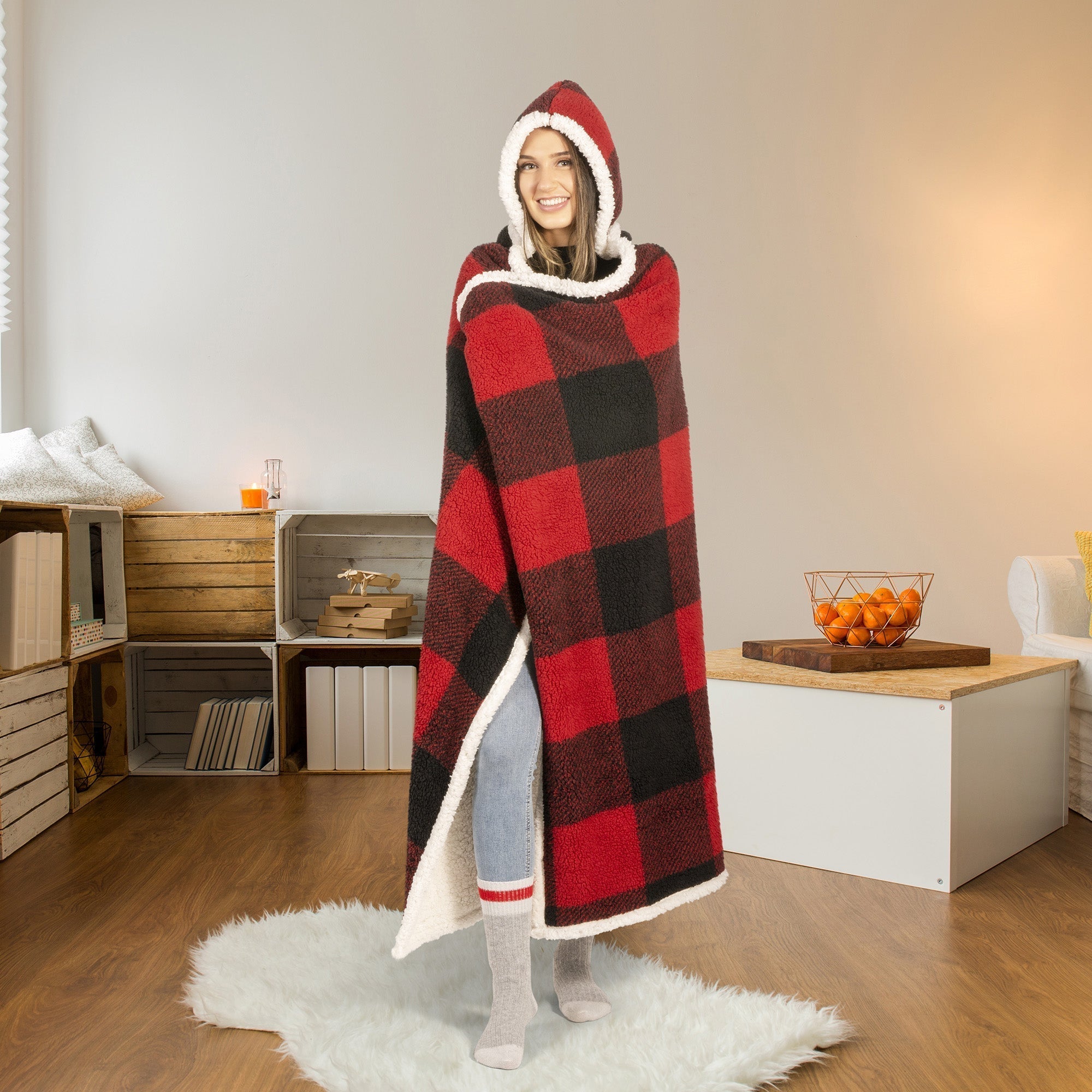 Super Soft Hooded Sherpa Blanket Throw Sherpa Home Decor Bedding 48X65 Red Buffalo 