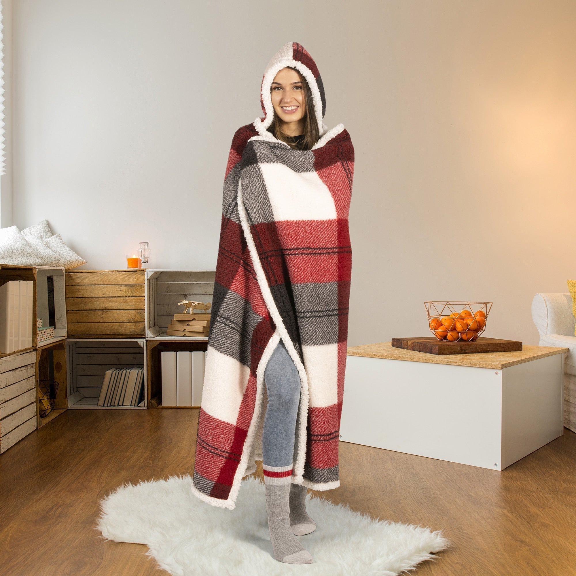 Super Soft Hooded Sherpa Blanket Throw Sherpa Home Decor Bedding 48X65 Winter Plaid 
