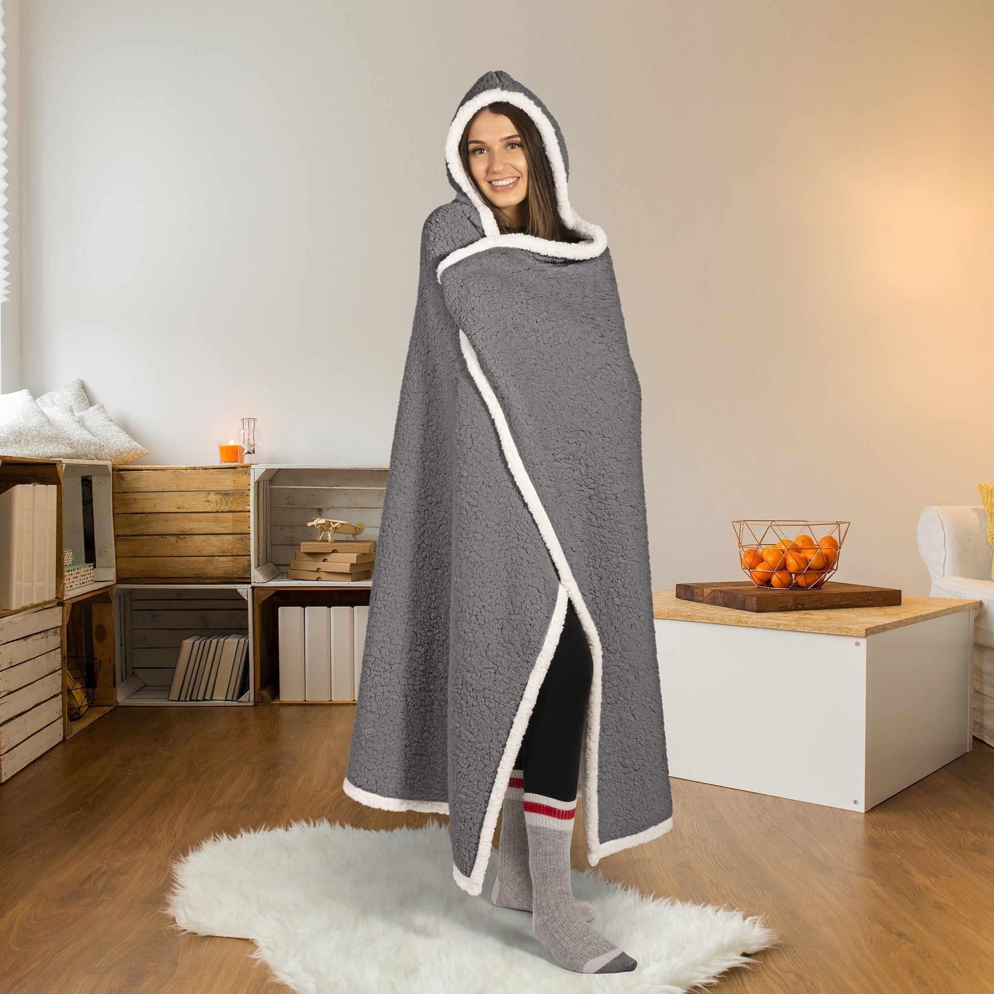 Super Soft Knit Reversible Hooded Sherpa Blanket Throw Home Decor Bedding 48X65 Charcoal 