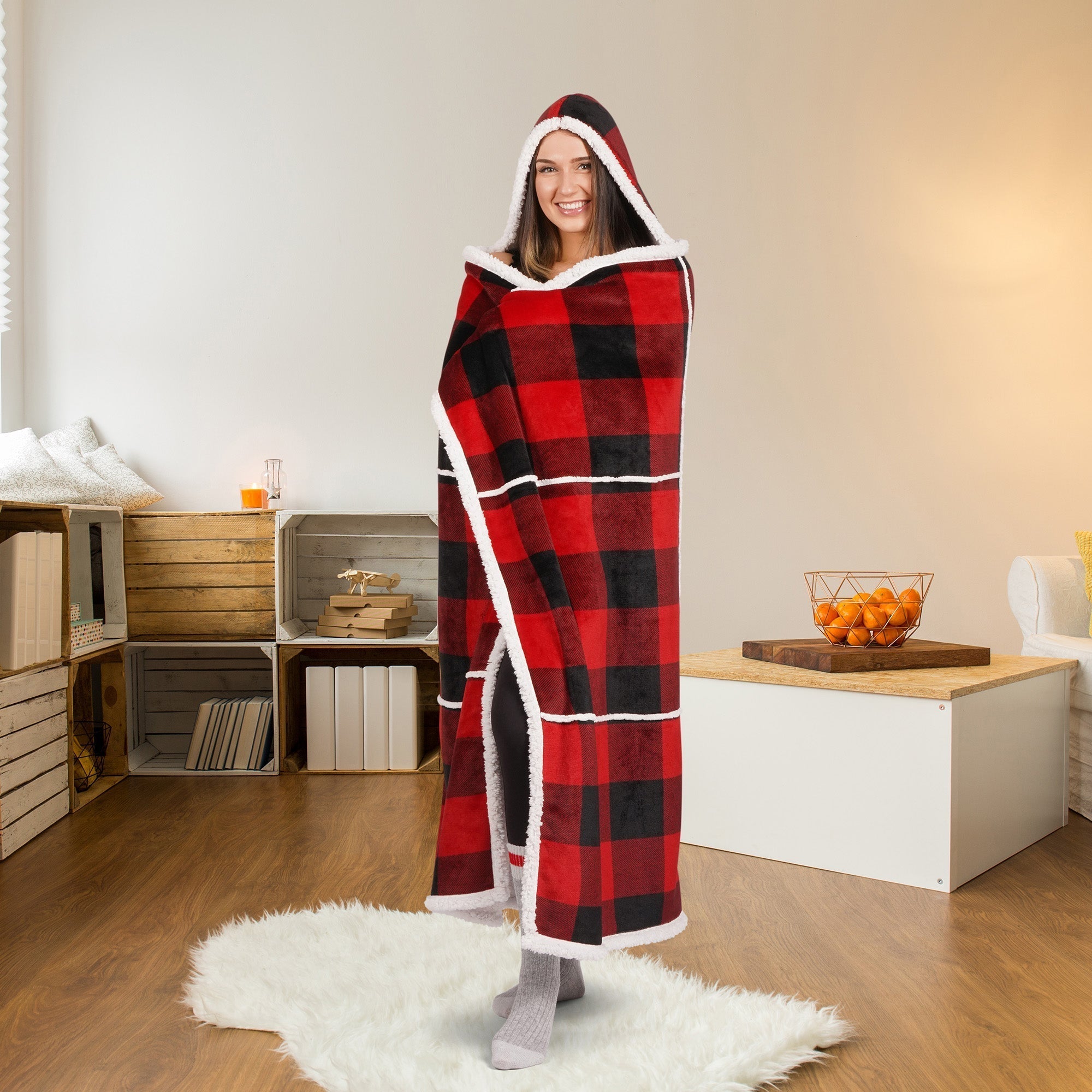Super Soft Printed Flannel Hooded Blanket Throw Home Decor Bedding 48X65 Red Buffalo Plaid 