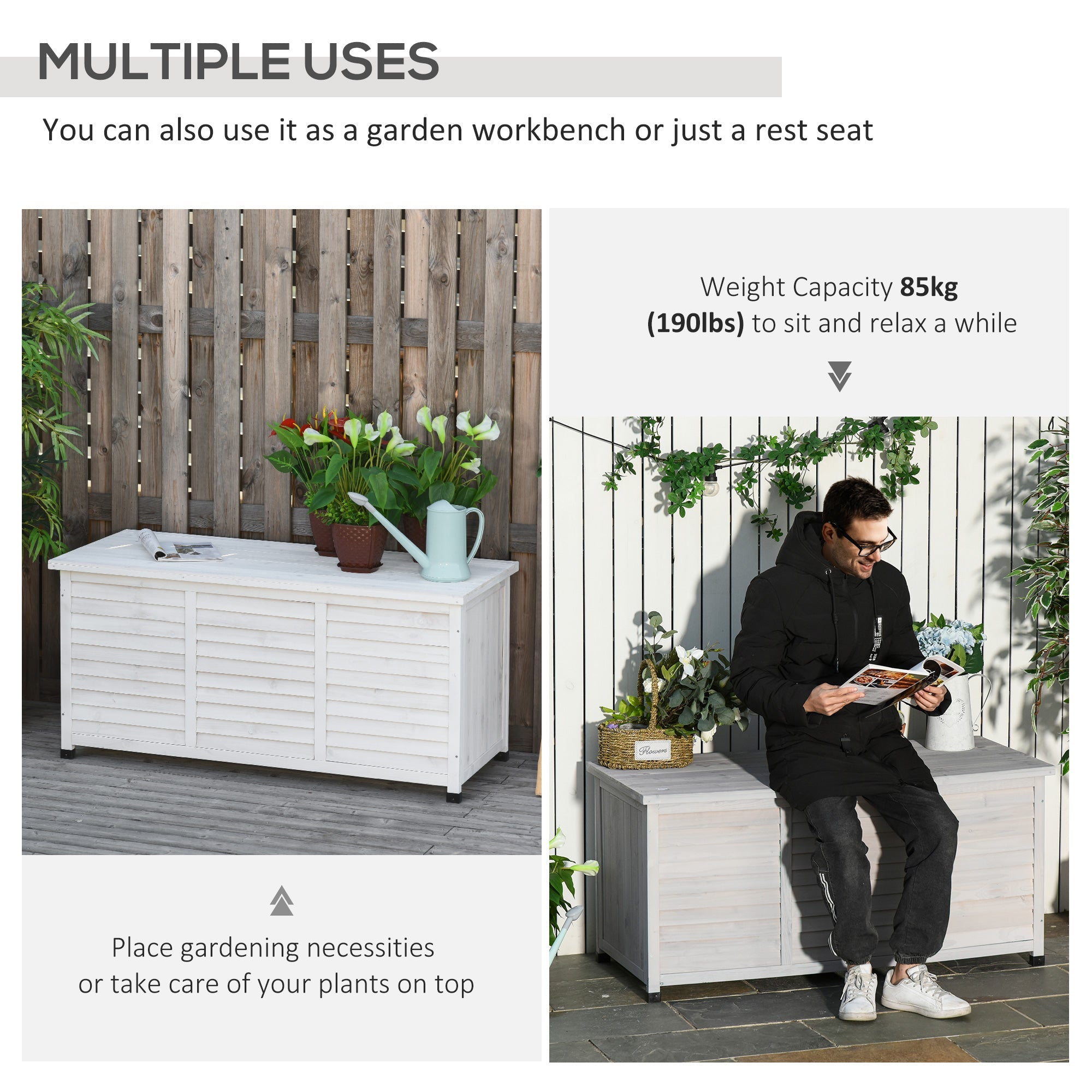 Outsunny 75 Gallon Wooden Storage Box patio Deck Box Bench, Garden Backyard Outdoor Storage Container with Aerating Gap & Weather-Fighting Finish, White 