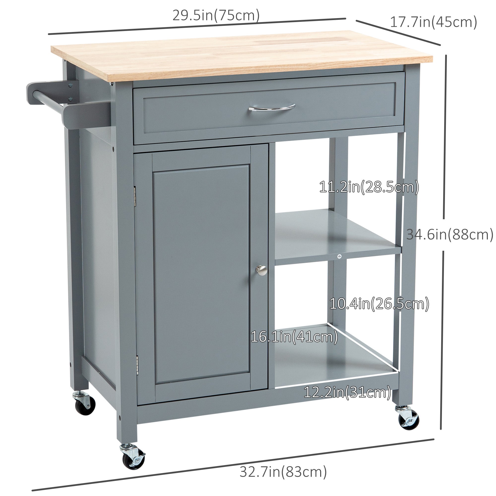 HOMCOM Kitchen Cruiser: Rolling Island Cart with Wood Top, Storage Drawer, Grey for Dining Room Mobility 