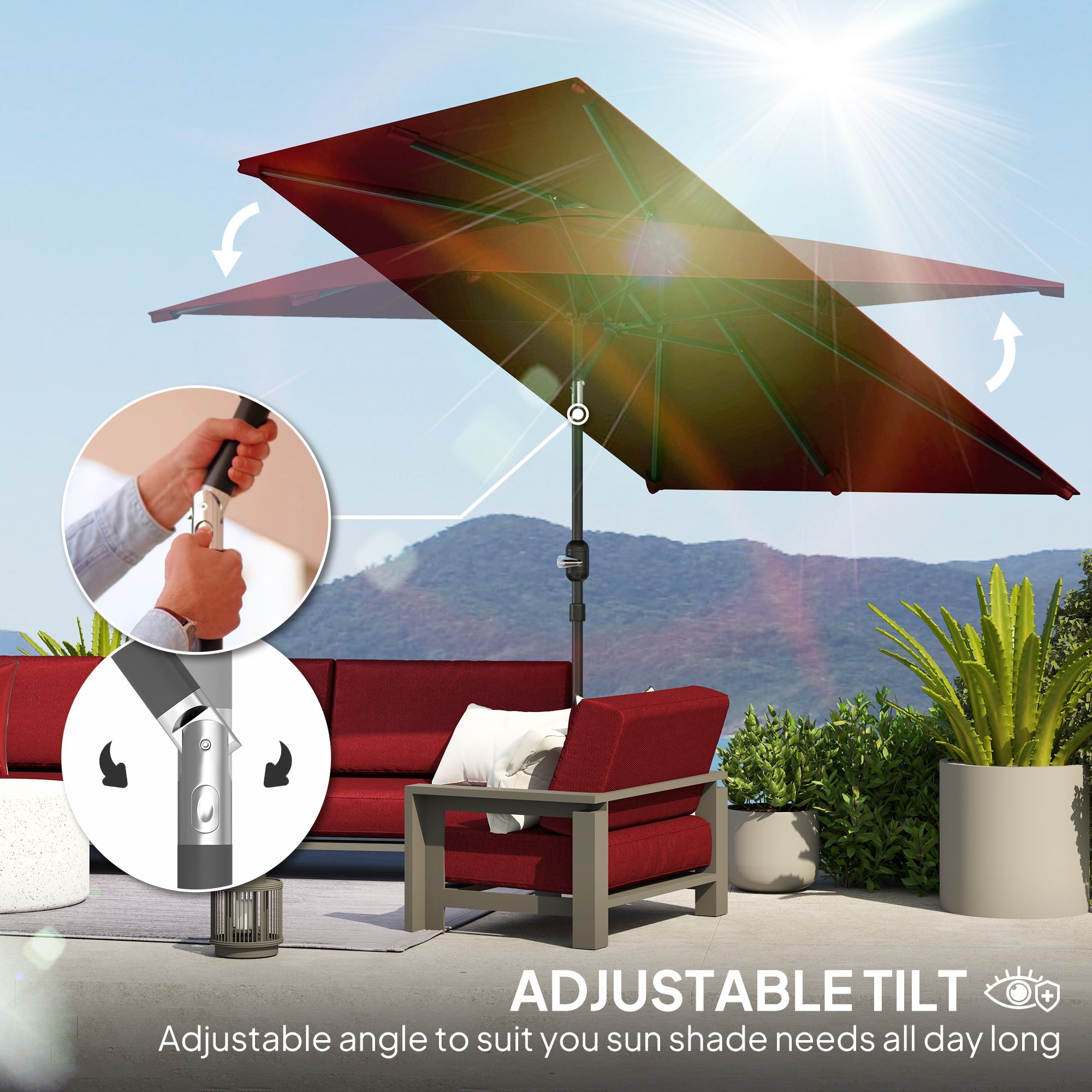 Outsunny 6.6x9.6ft Rectangle Aluminum Tilt Patio Umbrella, Garden Market Parasol, Outdoor Sunshade Canopy with Crank, Wine Red 