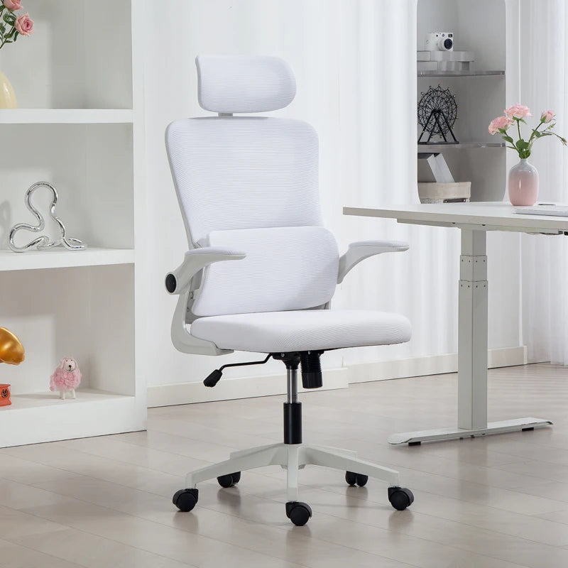High Back Office Chair, Mesh Computer Chair with Rotatable Headrest, Lumbar Back Support, Adjustable Height, Cream White