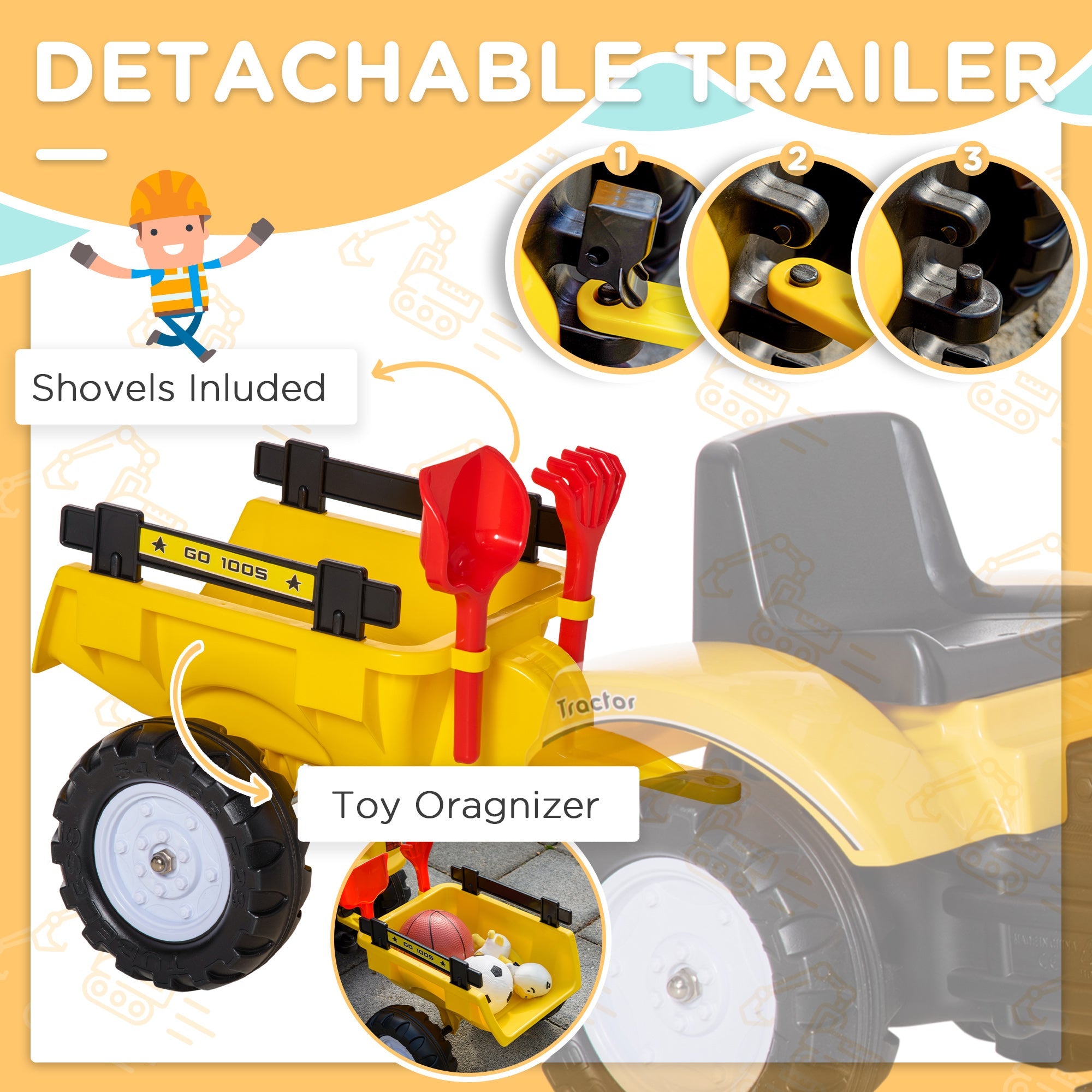 Aosom Yellow Ride-On Pedal Digger Construction Car with Horn Detachable Trailer Kids Toy Vehicle 
