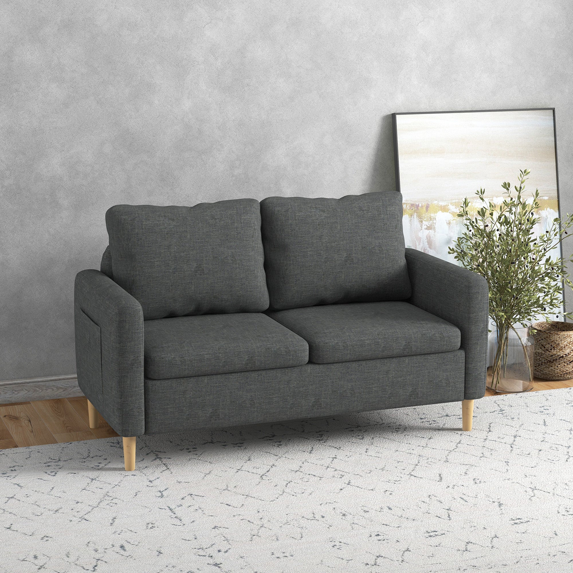 HOMCOM 56" 2-Seater Modern Sofa: With Side Pockets, Solid Steel Frame, Grey 