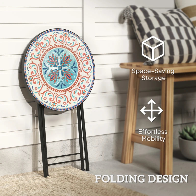 Mosaic Outdoor Patio Side Table, 14" Round Folding Outdoor Coffee Table with Steel Frame for Balcony Deck Patio Terrace, Mixed Colour
