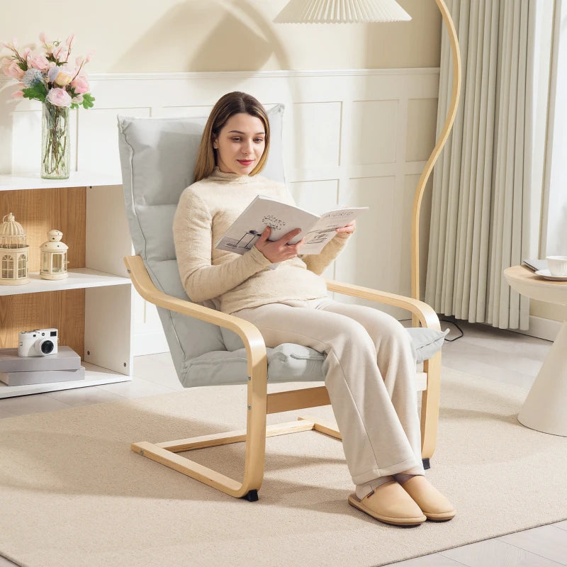 Birch Wood Fabric Modern Armchair, Accent Chair with Curved Leg and Arm for Living Room, Cream White
