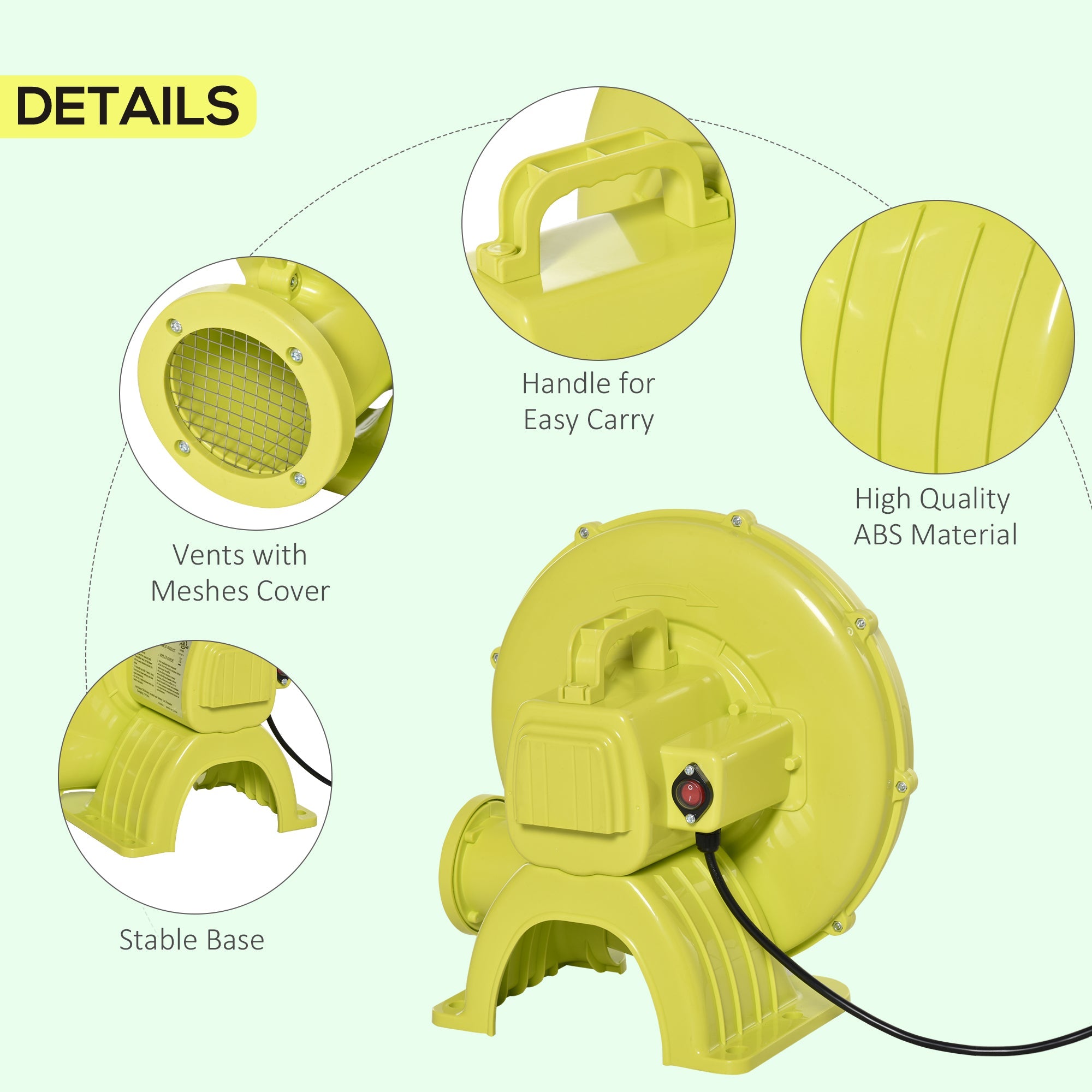 Outsunny Compact Inflation: Electric Air Blower 450W Energy Efficient Pump for Outdoor Inflatable Bounce Houses 